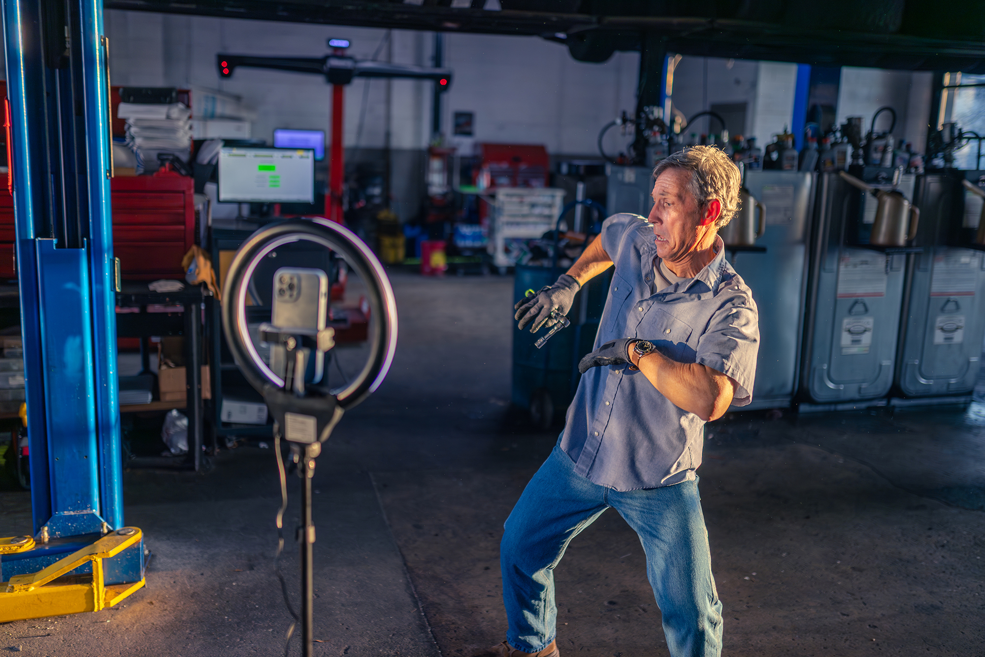 Business owner trying to create viral content with a ring light